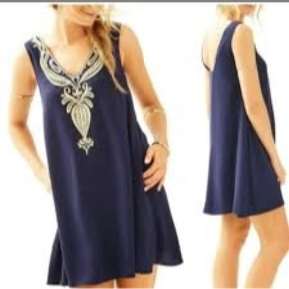 LILLY PULITZER Owen Trapeze Dress Navy Embellished Small - Picture 2 of 7